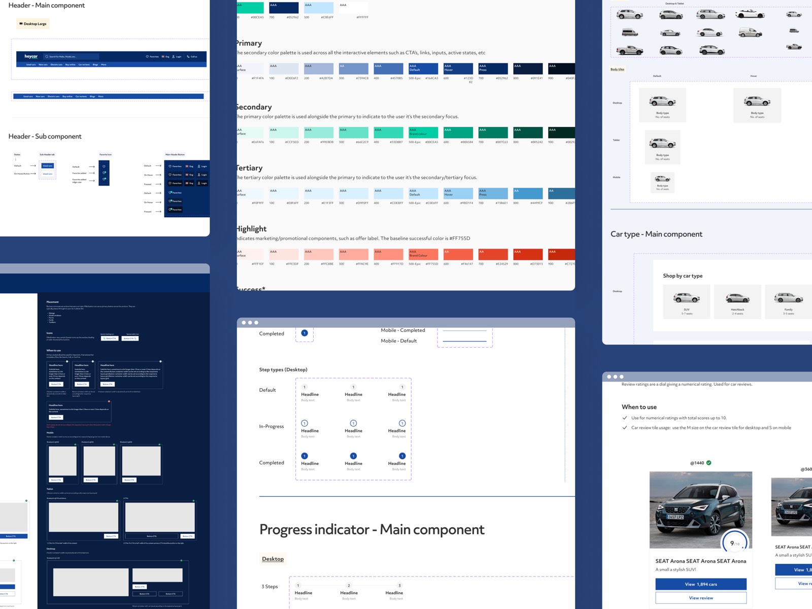 Inside the design system: header states, the color palettes, progress indicators, car type tiles, and review ratings.