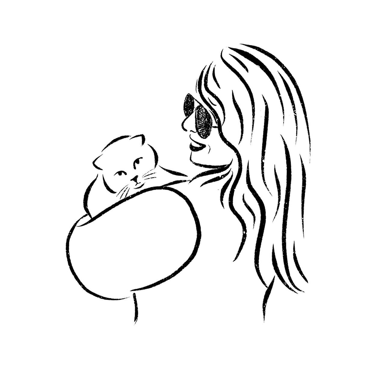 Hand-drawn sketch of Nasim in sunglasses holding her cat